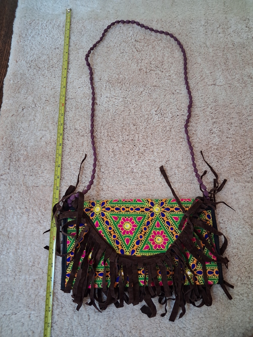 Boho Embroidered Fringe Crossbody Bag - Brown & Multi - Picture 1 of 5